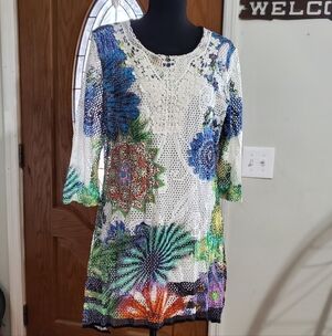 Adore Boho Crochet Lace Tunic Top Large Colorful Mandala Print Bohemian Festival